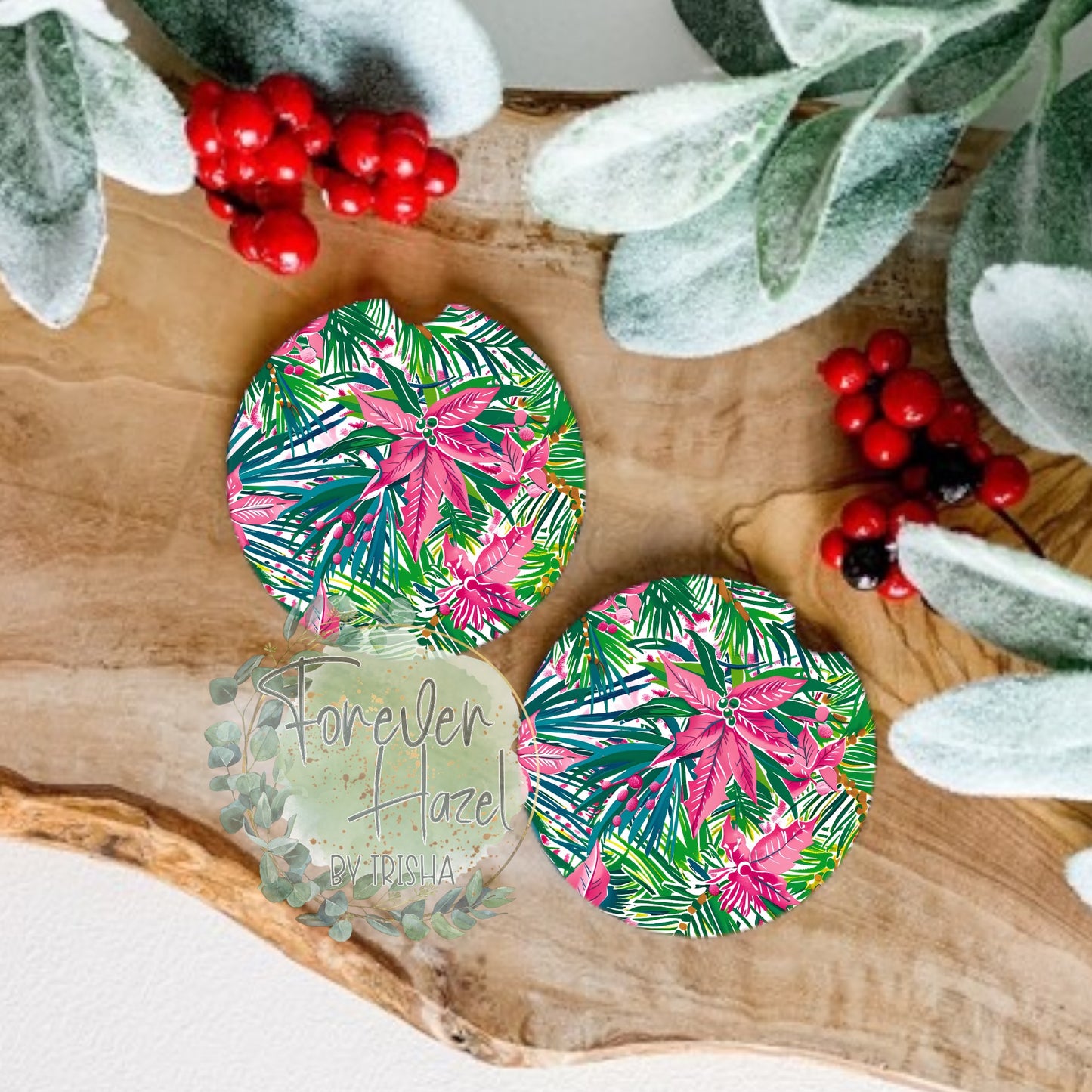 Pink Pointsettias Car Coaster Set