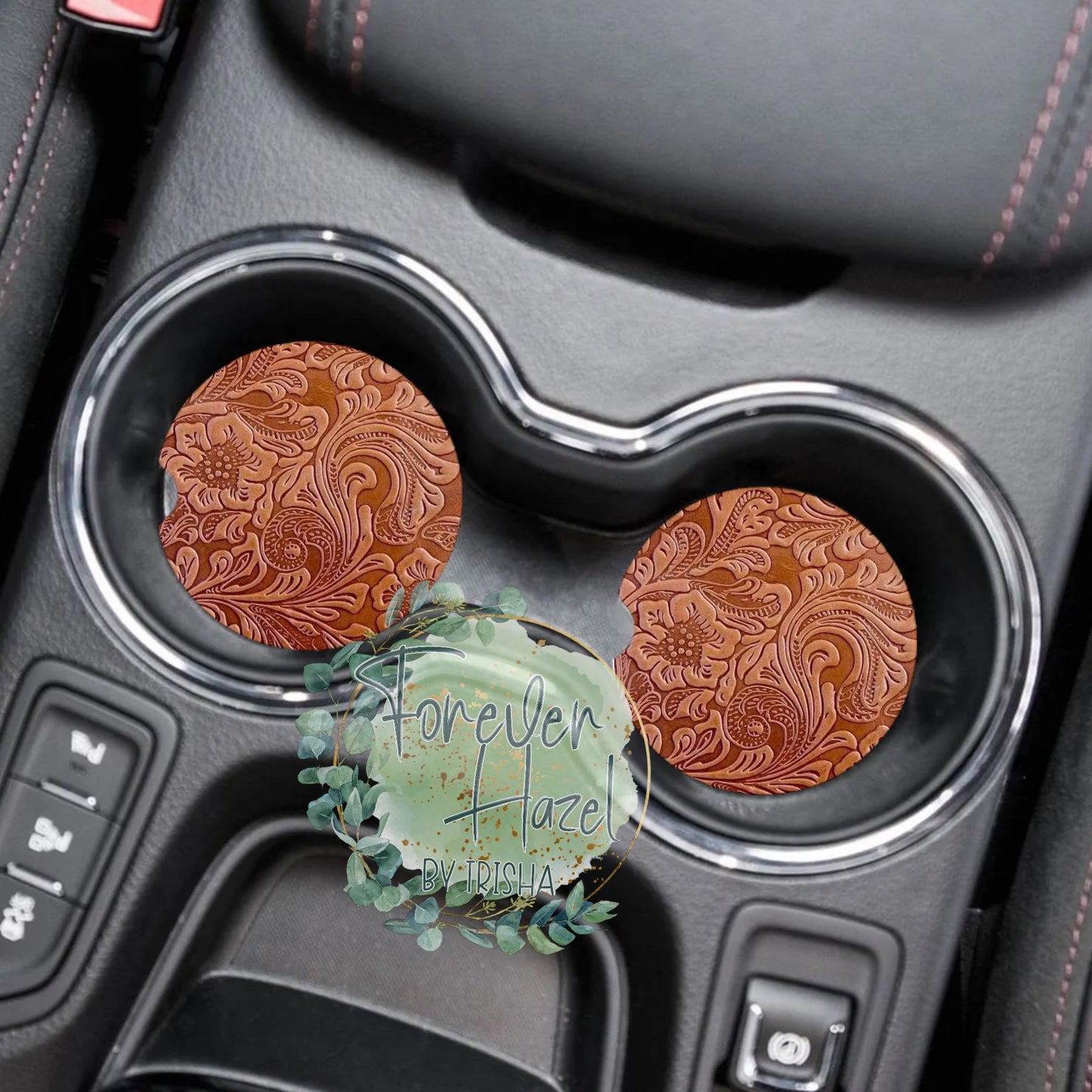 Brown Embossed Leather Look Car Coaster Set