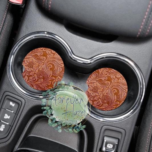 Brown Embossed Leather Look Car Coaster Set