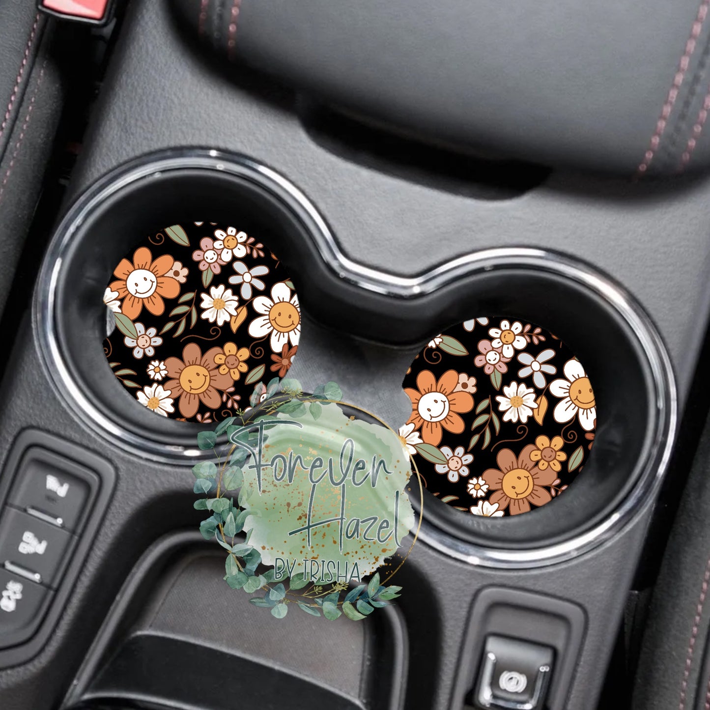Retro Floral Smileys Car Coaster Set
