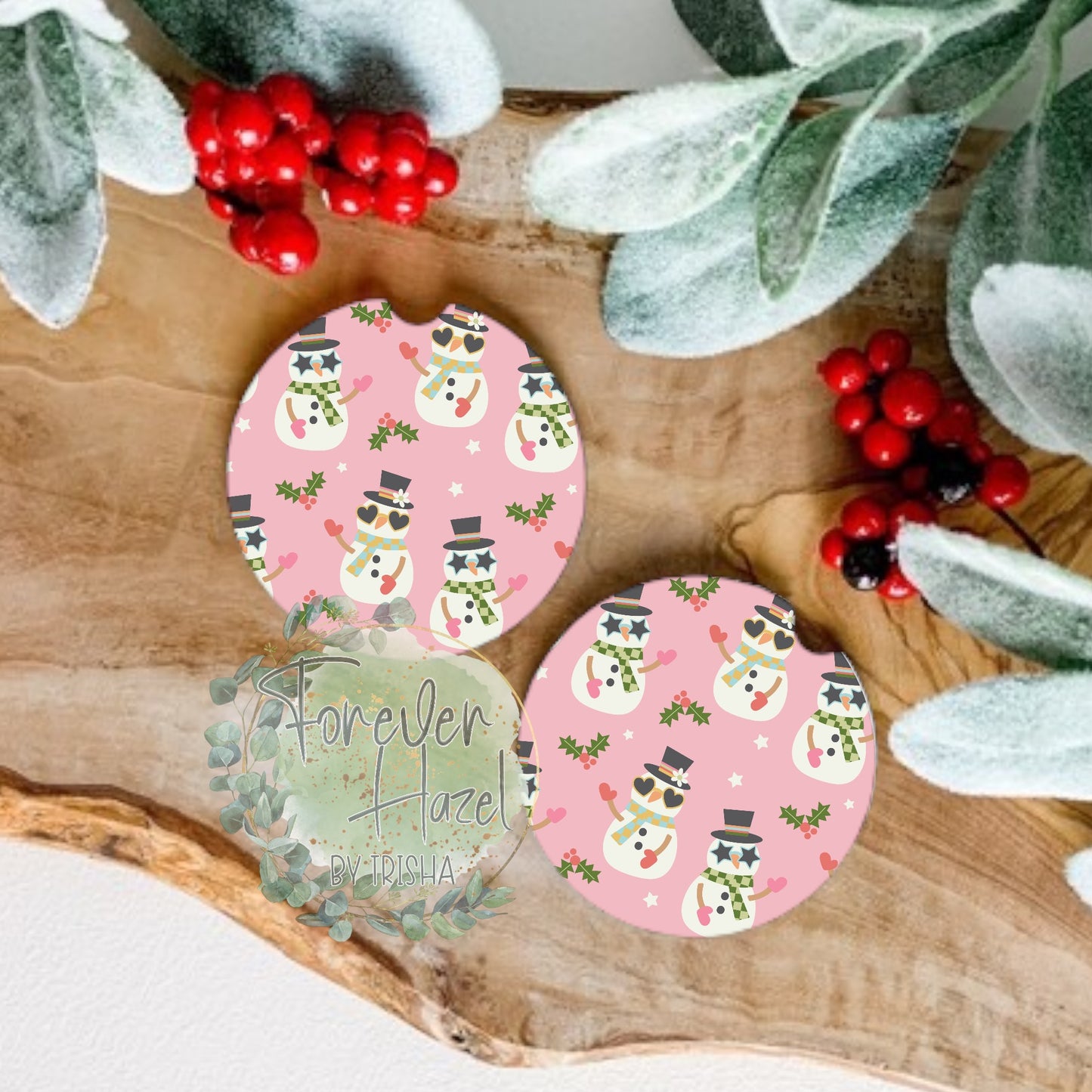 Pink Snowman Car Coaster Set