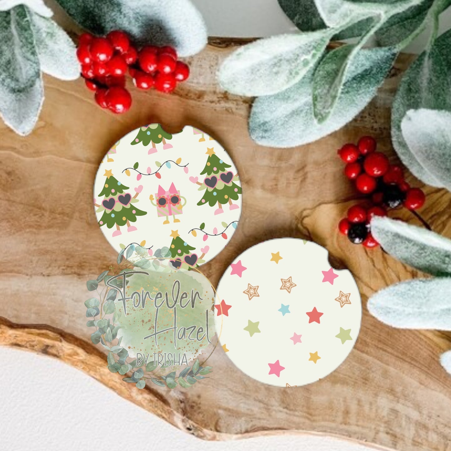 Retro Christmas Trees & Presents Car Coaster Set