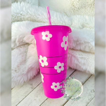 Pink SB Retro Flowers Plastic Tumbler