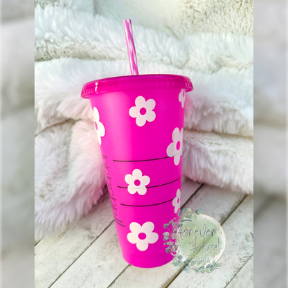 Pink SB Retro Flowers Plastic Tumbler