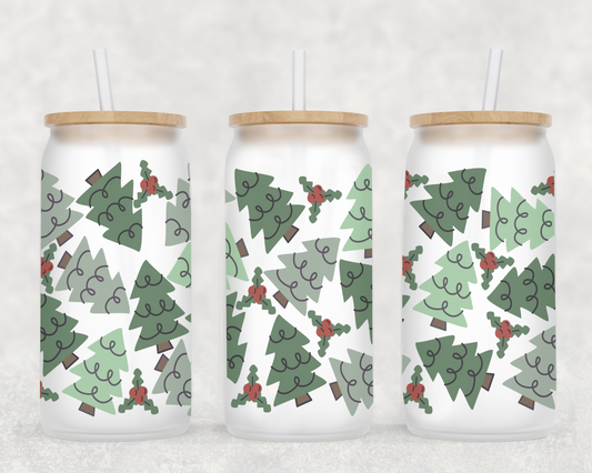 Trees and Holly 16oz Frosted Glass Can