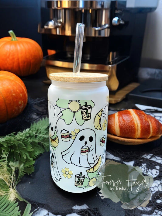 Coffee Ghosts and Croissants 16oz Frosted Glass Can