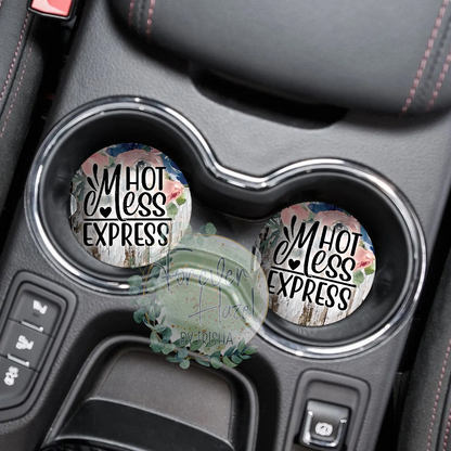 Floral and Wood Hot Mess Express Car Coaster Set