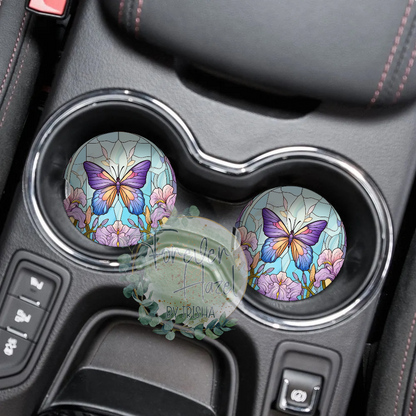 Purple Stained Glass Butterfly Car Coaster Set