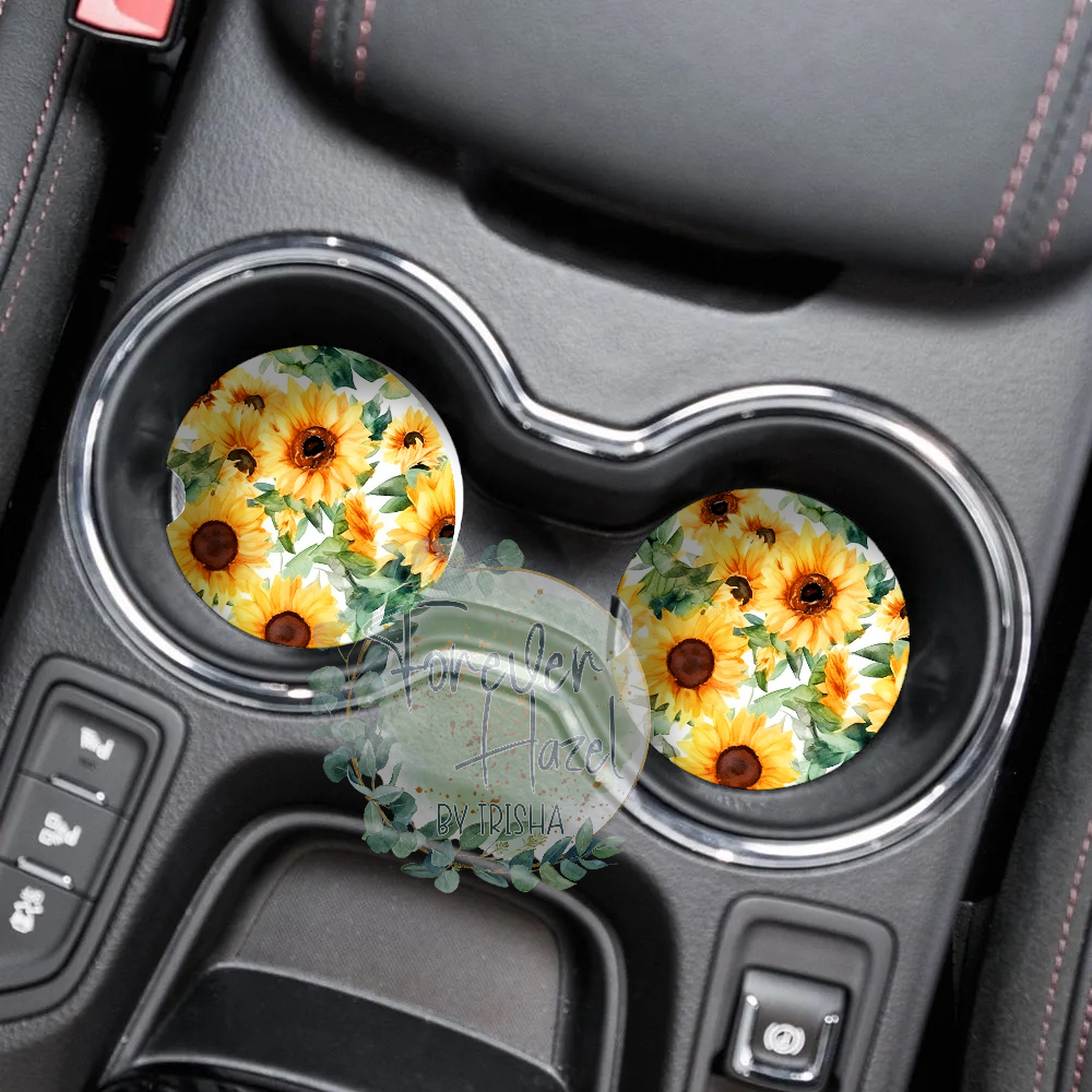 Watercolor Sunflowers Car Coaster Set