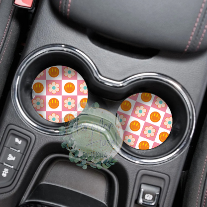 Retro Checkered Smileys Car Coaster Set