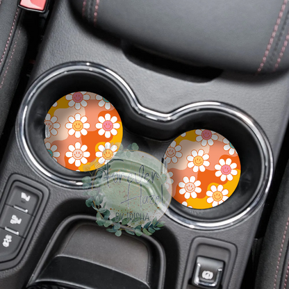 Retro Smiley Daisies Car Coaster Set