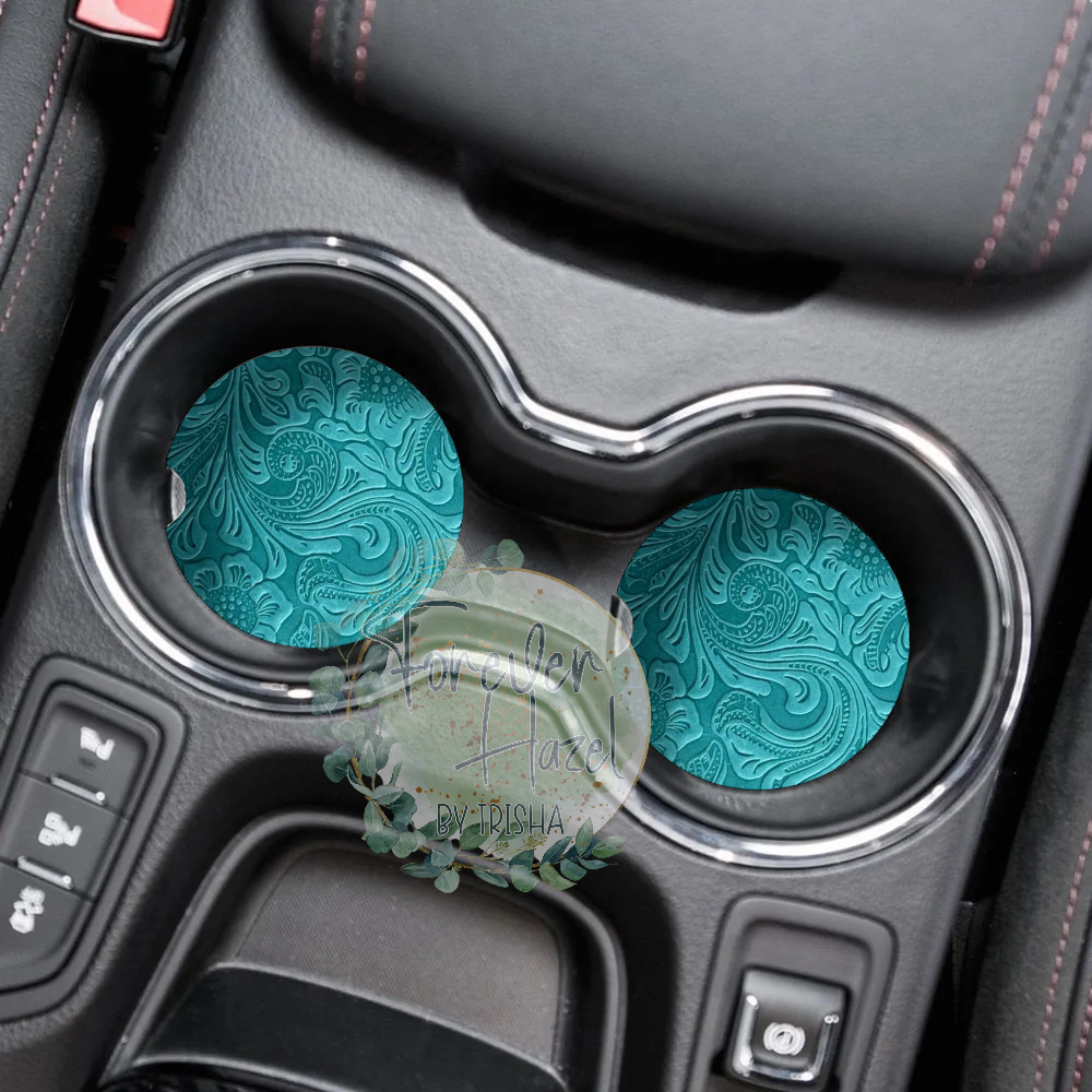 Turquoise Embossed Leather Look Car Coaster Set