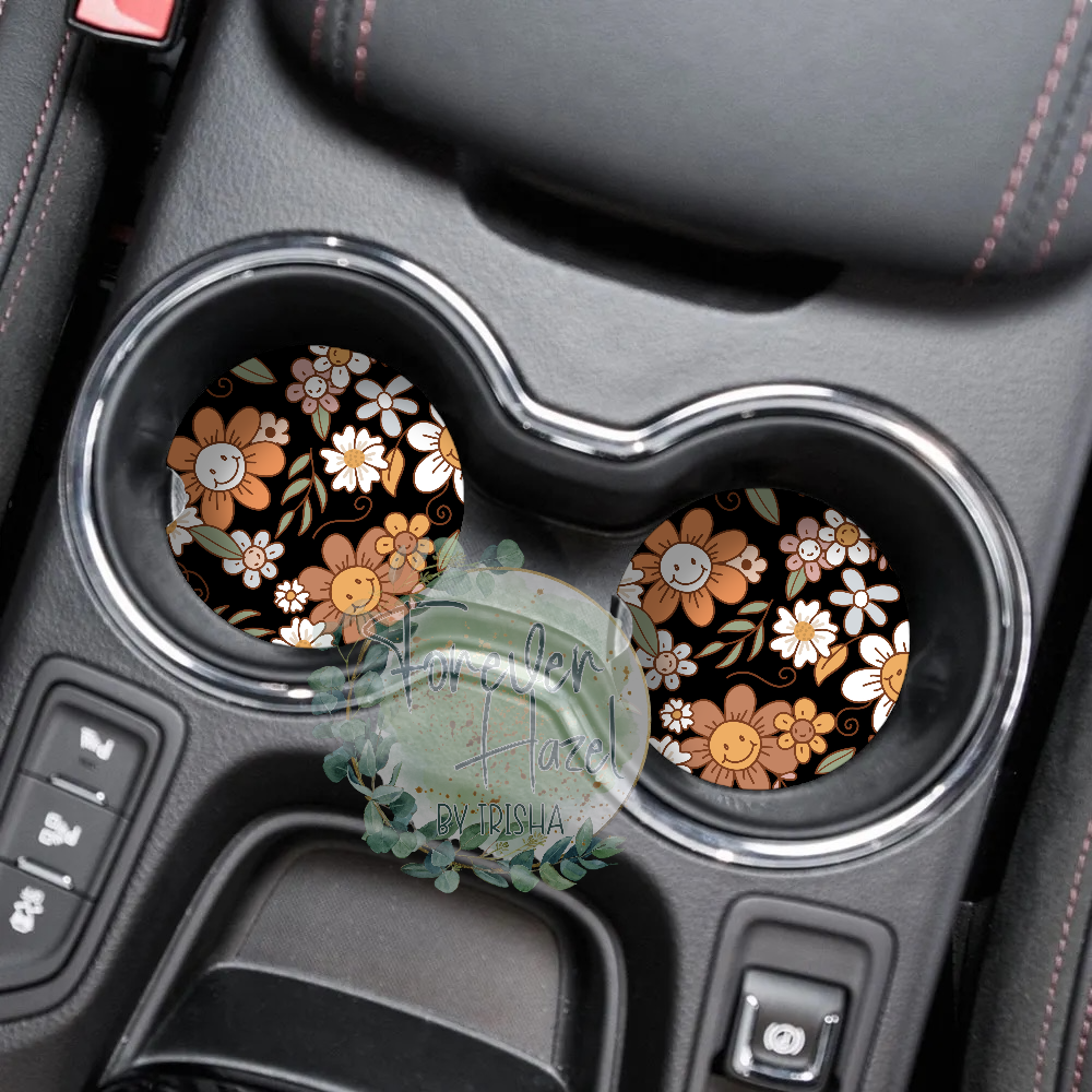 Retro Floral Smileys Car Coaster Set