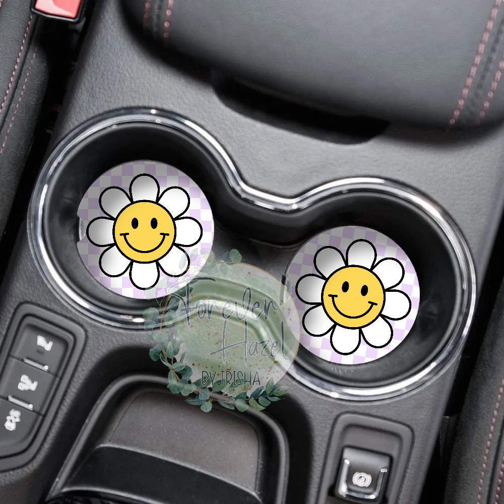 Purple Retro Smiley Face Car Coaster Set