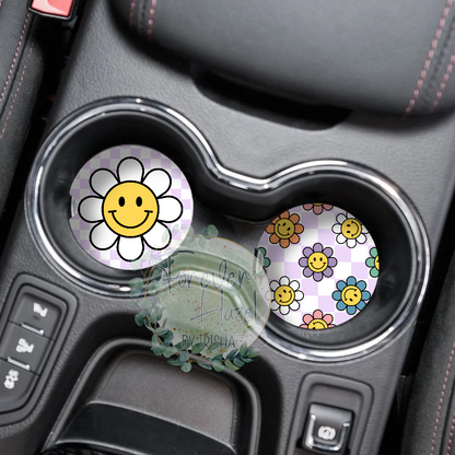 Purple Retro Smiley Face Car Coaster Set