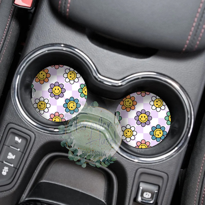 Purple Retro Smiley Face Car Coaster Set