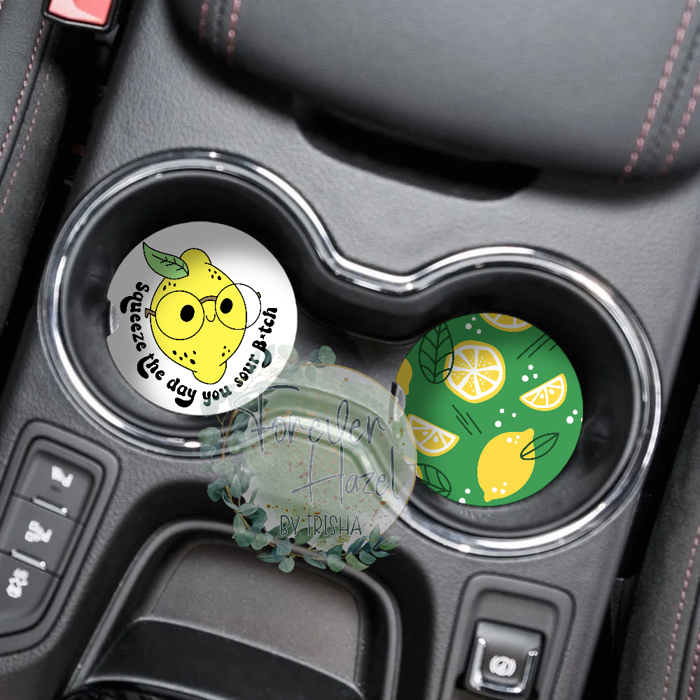 Squeeze The Day You Sour Bitch Lemon Car Coaster Set