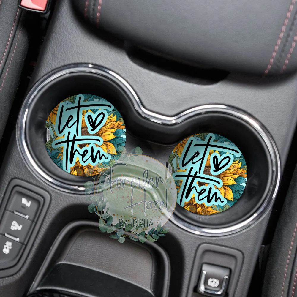Let Them Sunflower Car Coaster Set