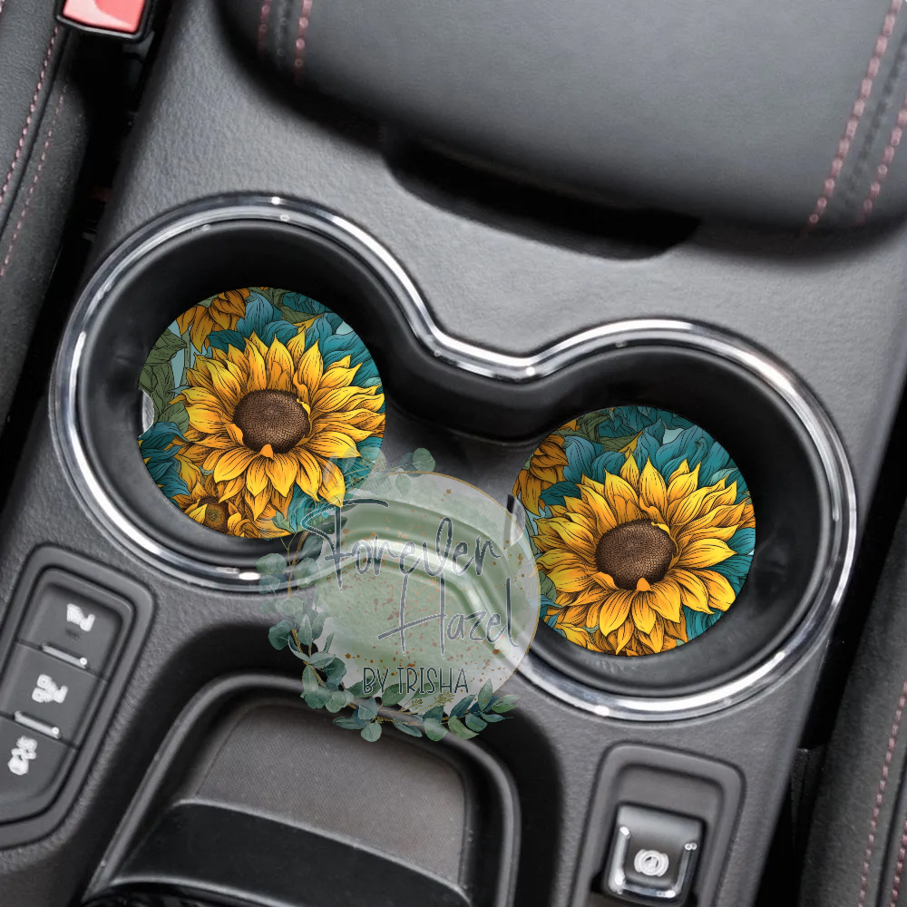 Let Them Sunflower Car Coaster Set