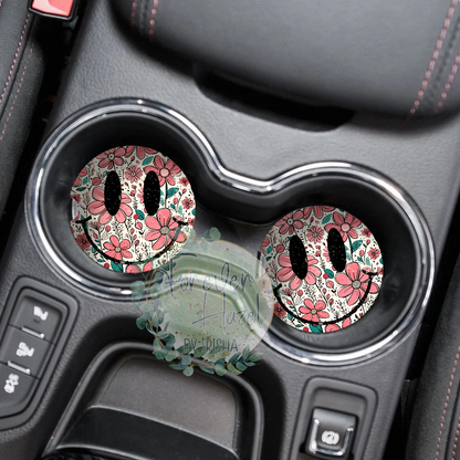 Floral Smiley Face Car Coaster Set