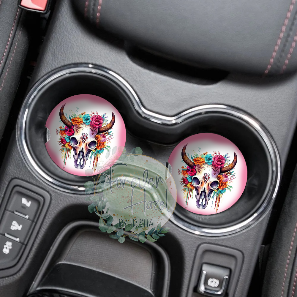 Floral Skull Car Coaster Set