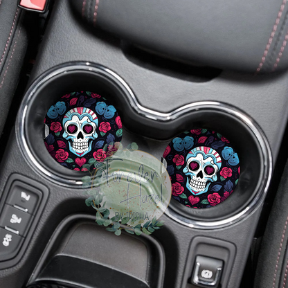 Floral Skulls Car Coaster Set
