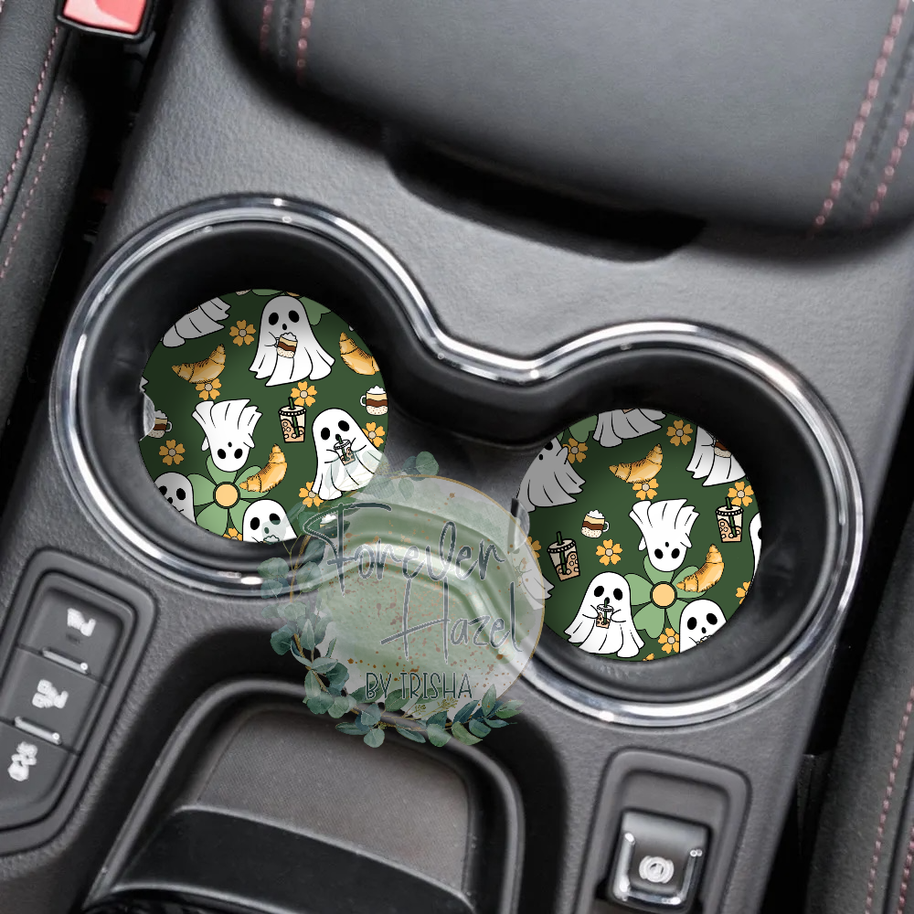Green Coffee, Ghosts & Croissants Car Coaster Set