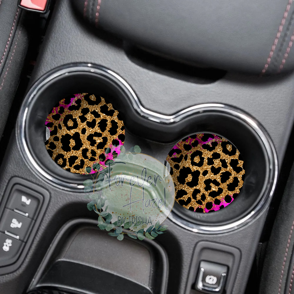 Pink and Cheetah Car Coaster Set