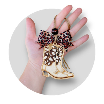 Glittery Cheetah Cowgirl Boot Wood Car Charm