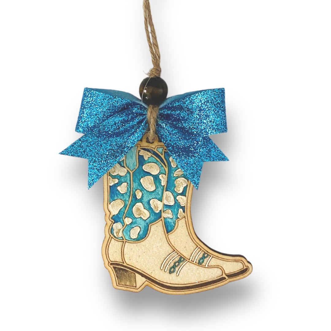 Turquoise Glittery Cheetah Cowgirl Boot Wood Car Charm