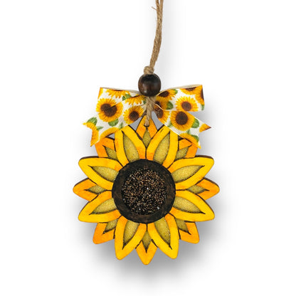 Glittery Sunflower Wood Car Charm