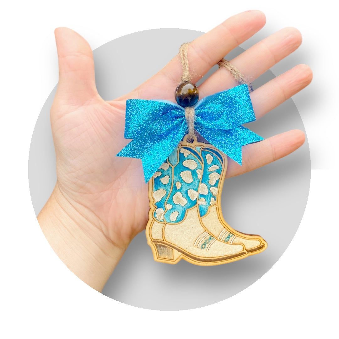 Turquoise Glittery Cheetah Cowgirl Boot Wood Car Charm