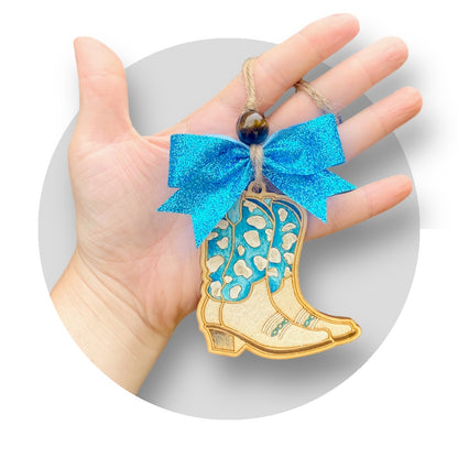 Turquoise Glittery Cheetah Cowgirl Boot Wood Car Charm