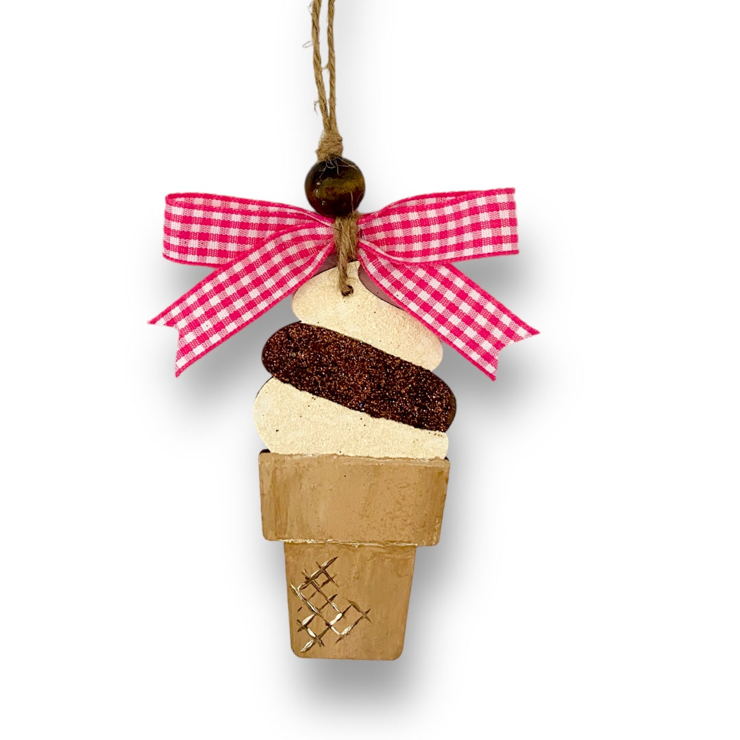 White and Brown Glittery Ice Cream Cone Wood Car Charm