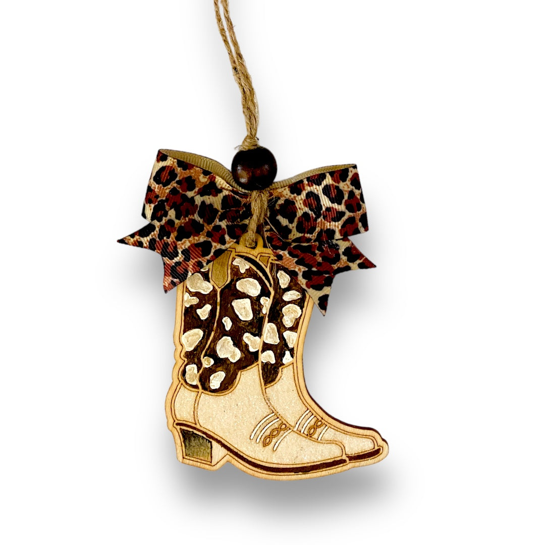 Glittery Cheetah Cowgirl Boot Wood Car Charm
