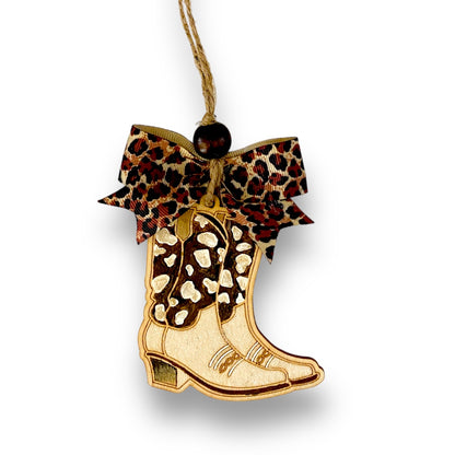 Glittery Cheetah Cowgirl Boot Wood Car Charm