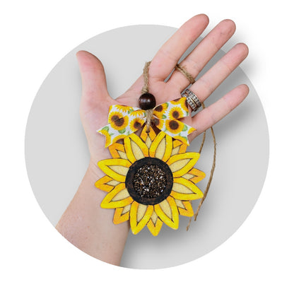 Glittery Sunflower Wood Car Charm