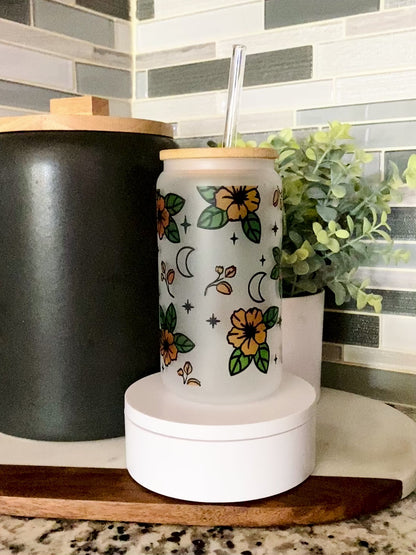 Floral Ghost 16oz Frosted Glass Can