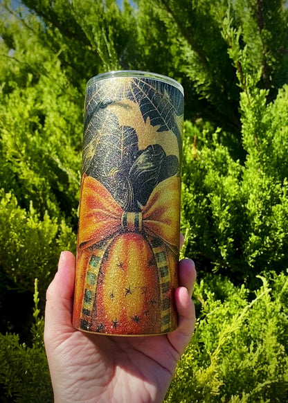 Spooky Pumpkins and Sunflowers Gold Glitter Tumbler