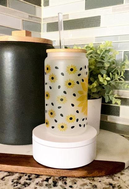 Skull & Sunflower 16oz Frosted Glass Can