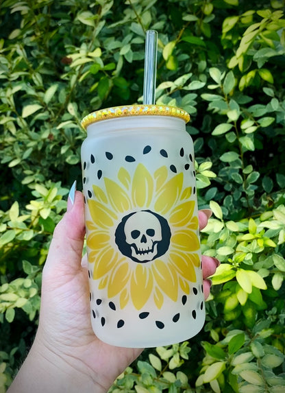 Sunflower Skulls Frosted Glass Can