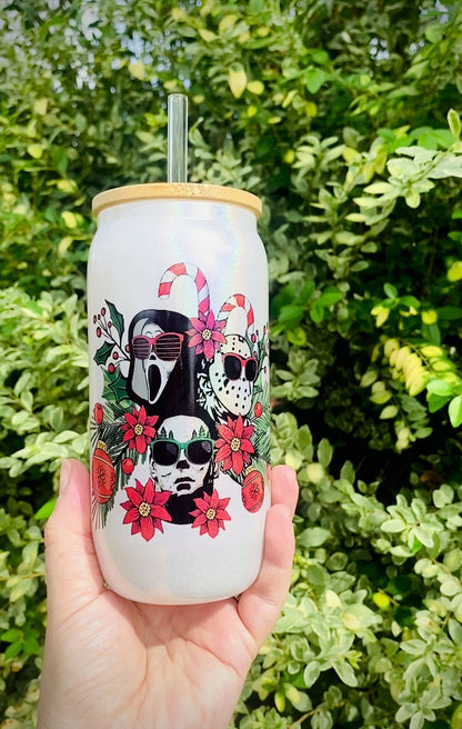 Horror Floral Christmas 16oz Glass Can